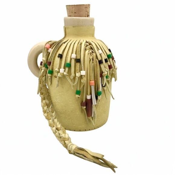 Hobbyist Suede Leather Wrapped Ceramic Jug with Beaded Fringe Braided Strap - Picture 3 of 16